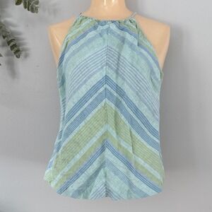 Ann Taylor Loft Tank Top Coastal Beachy Linen Striped Halter Blue Green Chevron